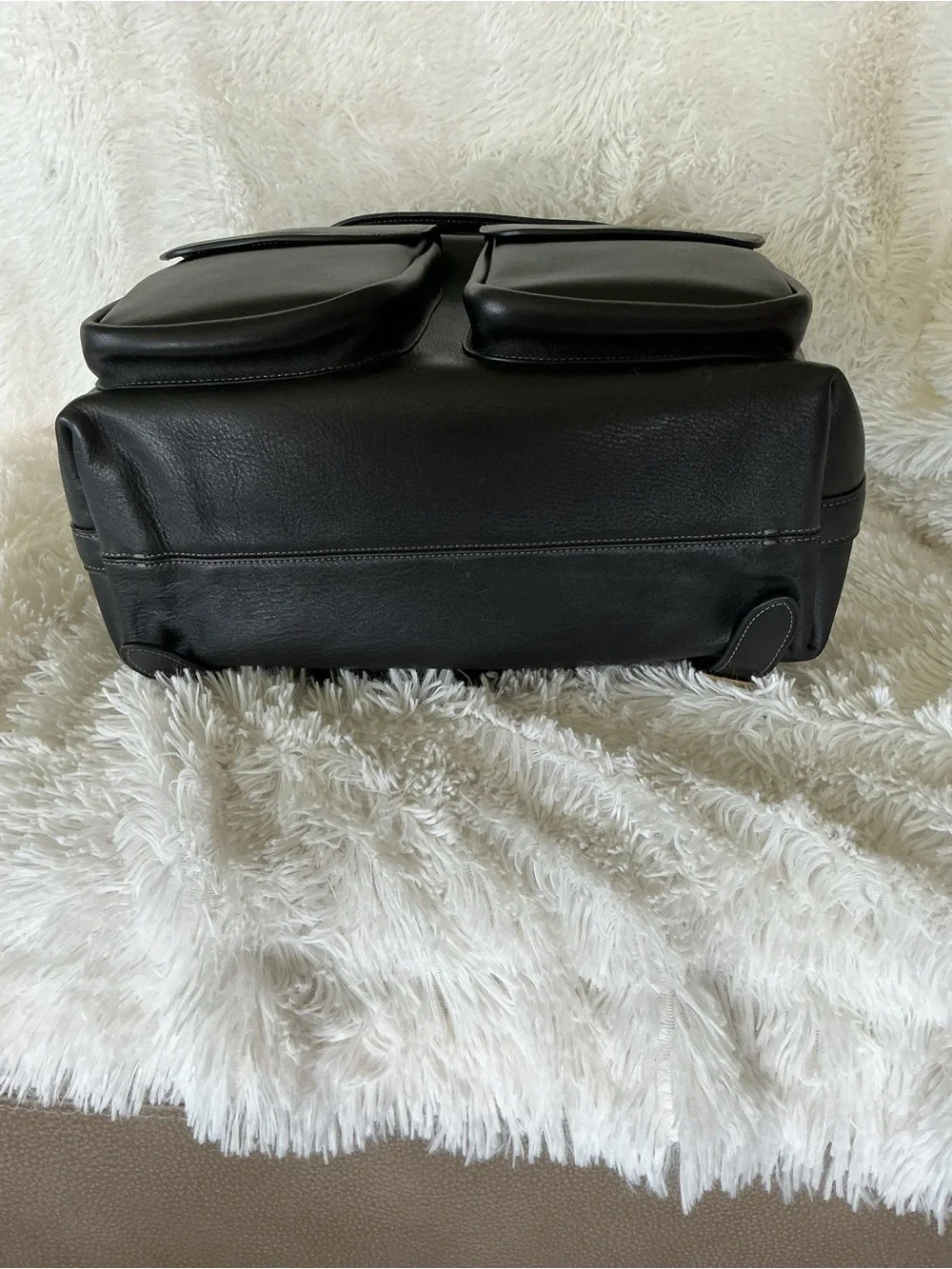 Coach Crosby Black Leather Backpack with Dual Front Pockets and Gold Logo